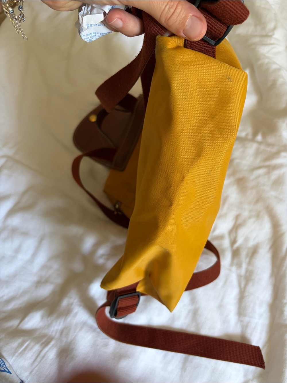Longchamp Mustard Yellow Nylon Backpack with Brown Leather Flap - Picture 7 of 8